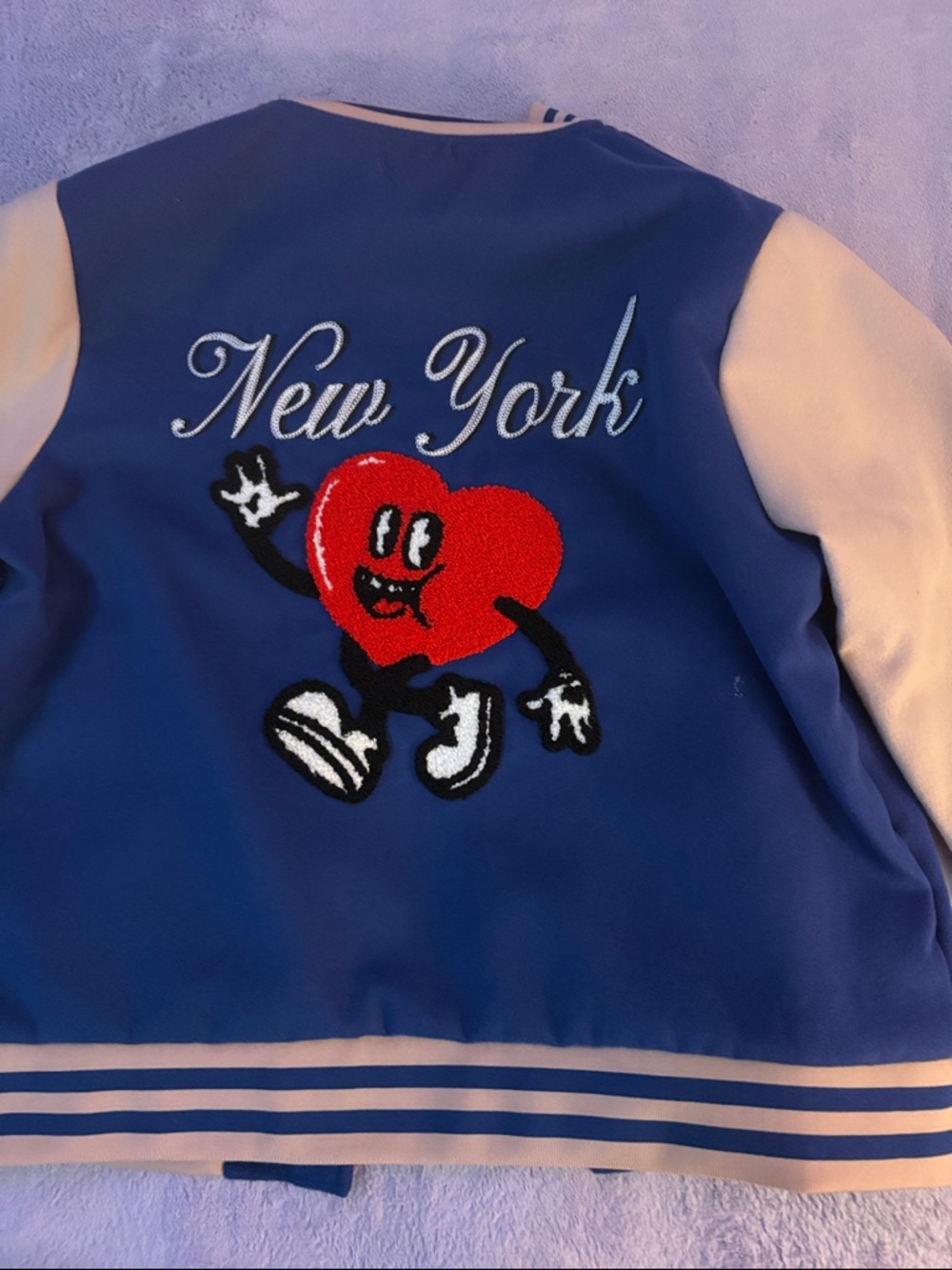 Forever 21 Blue and Cream Varsity Jacket with Red Heart Patch